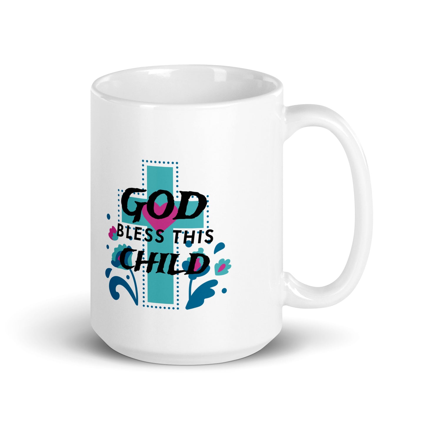 God Bless This Child With Cross White Glossy Mug